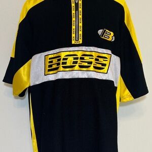 BOSS Embroidered Shirt | 1/4 Zip Vintage Embroidered Black Yellow | Mens XL